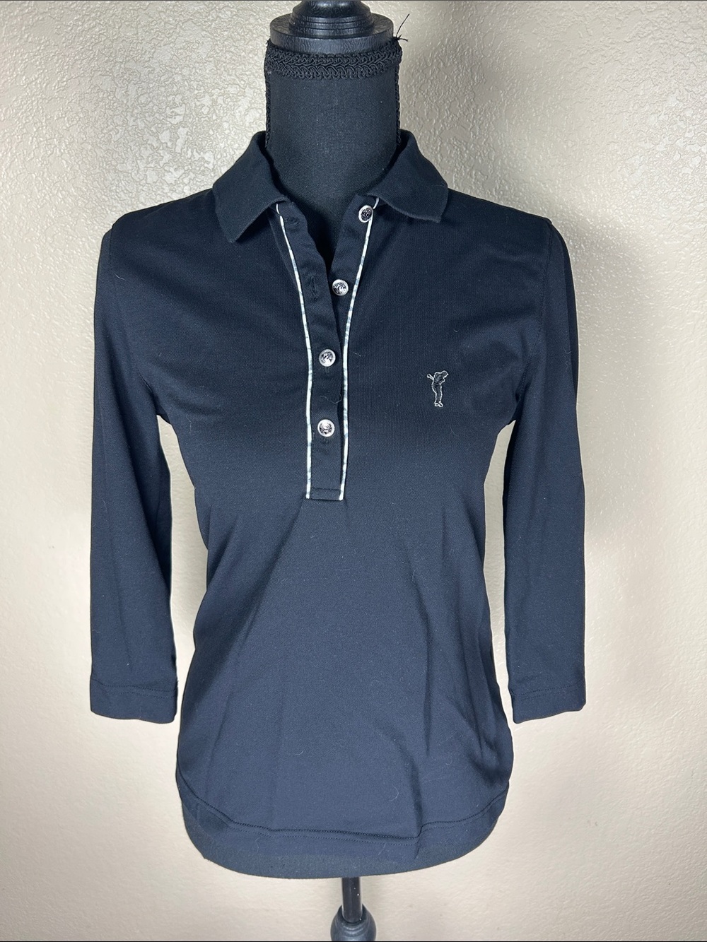 Golfino Black 3/4 Sleeve Golf Polo Shirt Size 8 Embroidered Detail